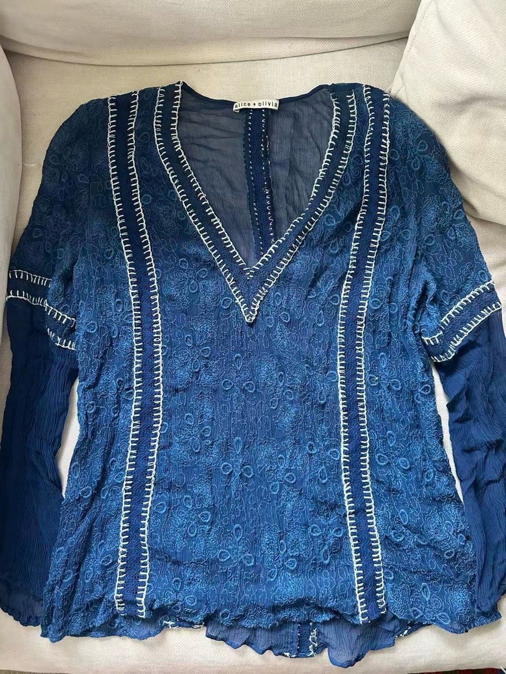 Alice + Olivia Navy Blue Embroidered V-Neck Blouse